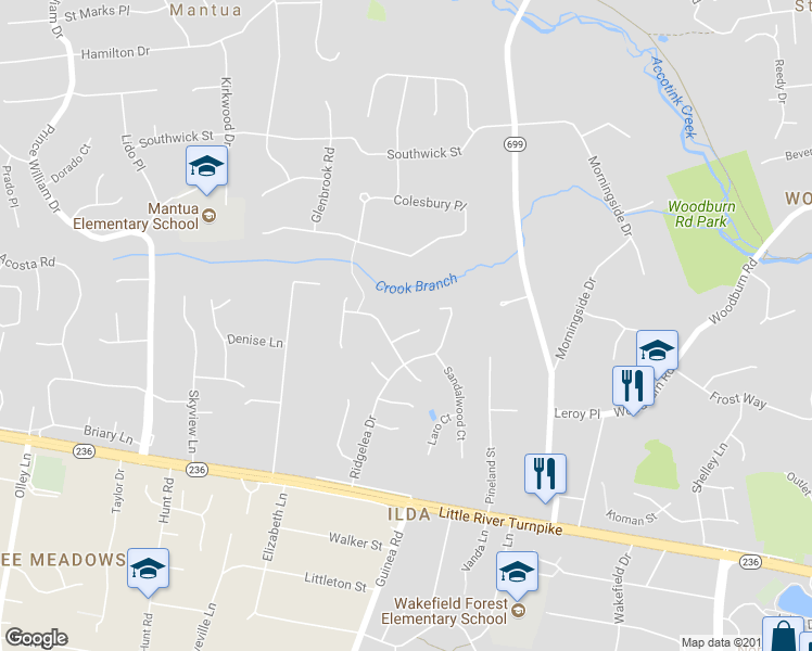 map of restaurants, bars, coffee shops, grocery stores, and more near 3710 Millbank Court in Fairfax