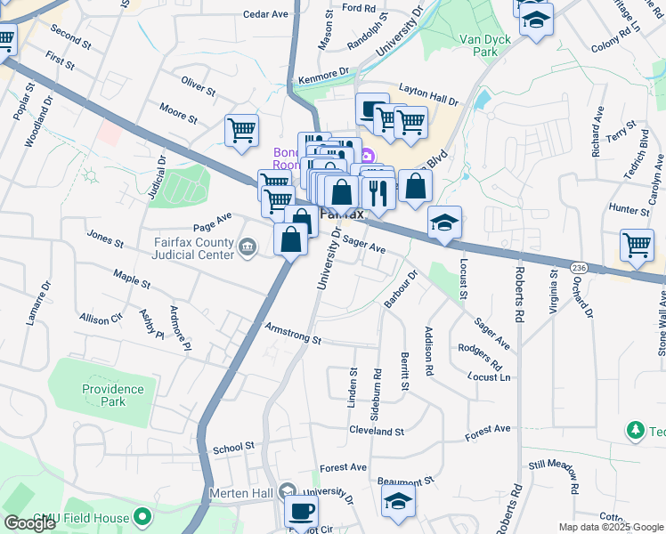 map of restaurants, bars, coffee shops, grocery stores, and more near 4041 University Drive in Fairfax