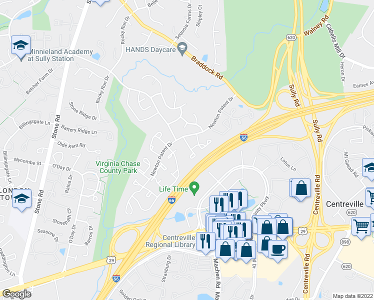 map of restaurants, bars, coffee shops, grocery stores, and more near 14327 Little Rocky Mountain Court in Centreville