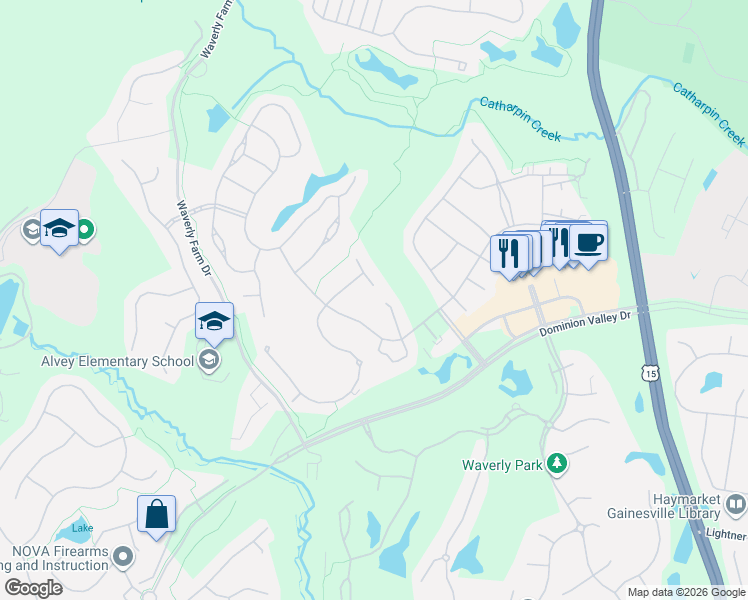 map of restaurants, bars, coffee shops, grocery stores, and more near 5300 Whitworth Ct in Haymarket