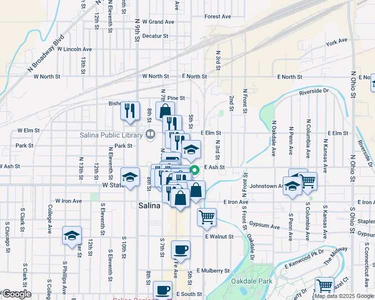 map of restaurants, bars, coffee shops, grocery stores, and more near 225 North 5th Street in Salina
