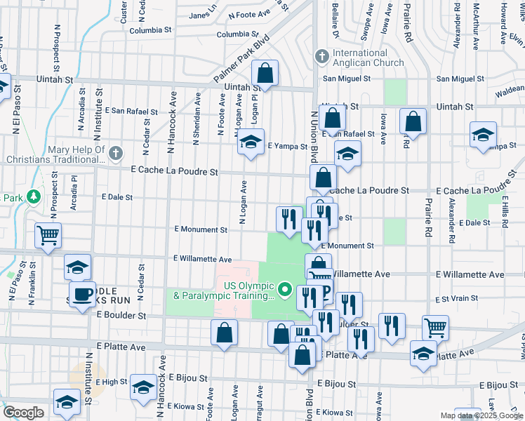 map of restaurants, bars, coffee shops, grocery stores, and more near 726 Farragut Avenue in Colorado Springs