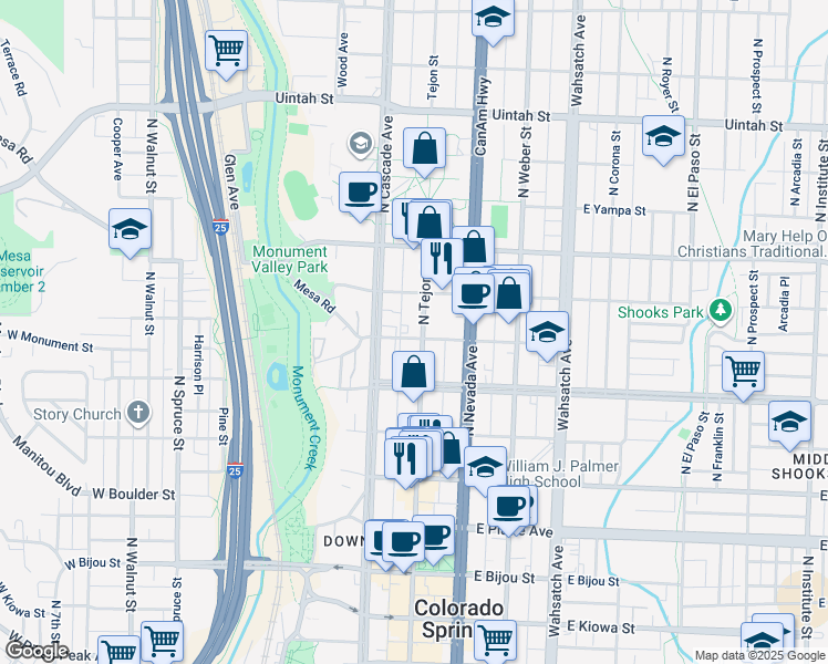 map of restaurants, bars, coffee shops, grocery stores, and more near 704 North Tejon Street in Colorado Springs