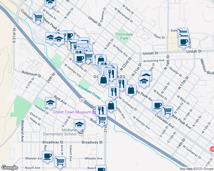 map of restaurants, bars, coffee shops, grocery stores, and more near 114 South 22nd Street in Colorado Springs