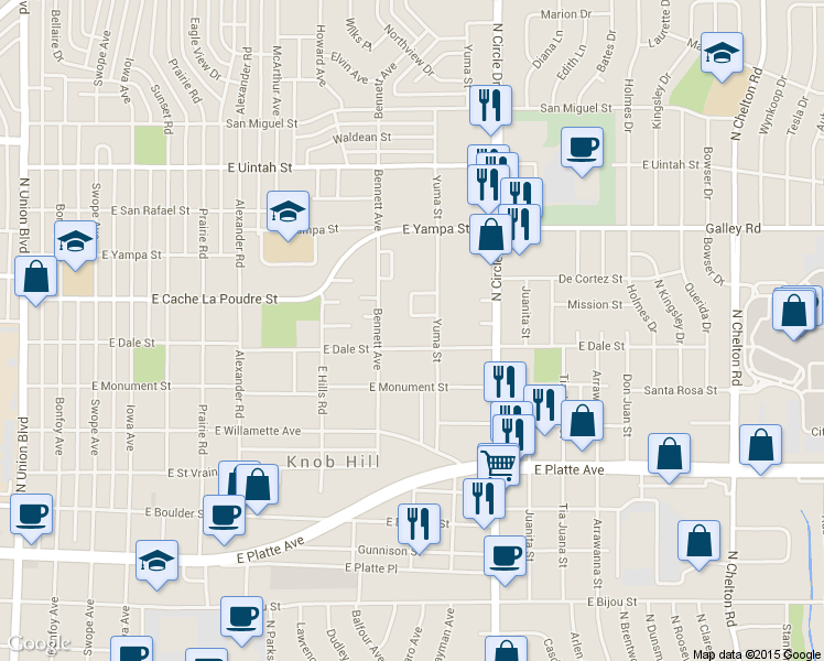 map of restaurants, bars, coffee shops, grocery stores, and more near 2622 East Dale Street in Colorado Springs
