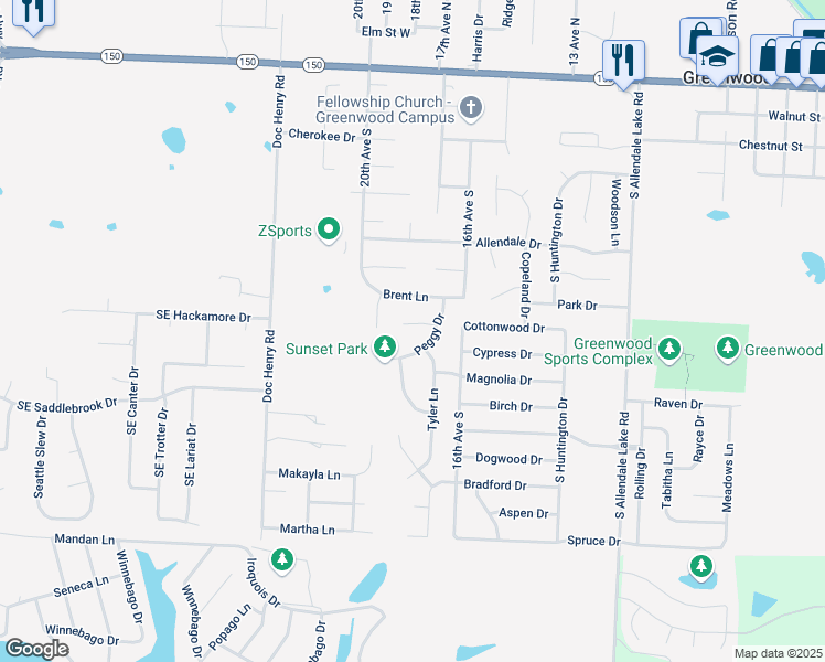 map of restaurants, bars, coffee shops, grocery stores, and more near 1711 Lynn Circle in Greenwood