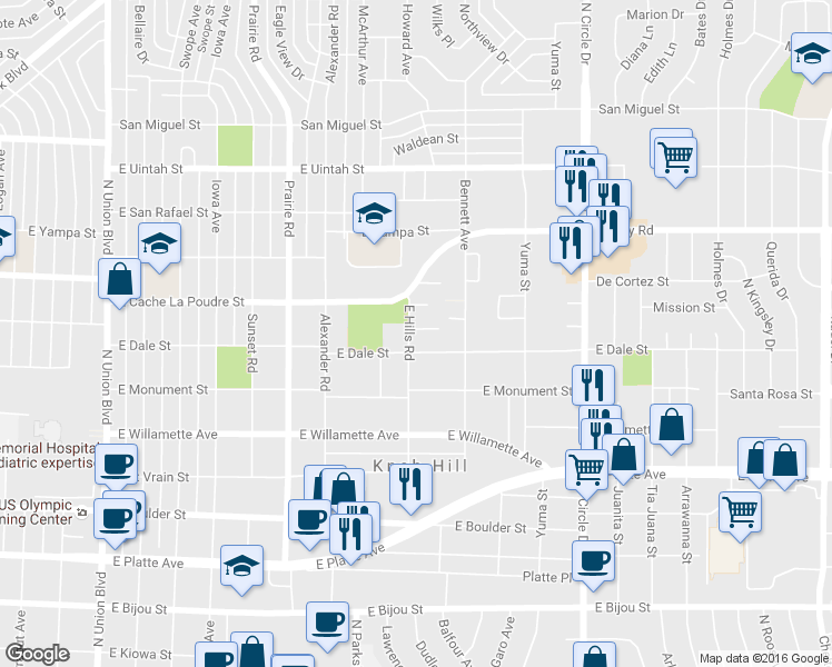 map of restaurants, bars, coffee shops, grocery stores, and more near 2501 Jobar Court in Colorado Springs