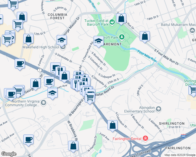 map of restaurants, bars, coffee shops, grocery stores, and more near 2311 South Dinwiddie Street in Arlington