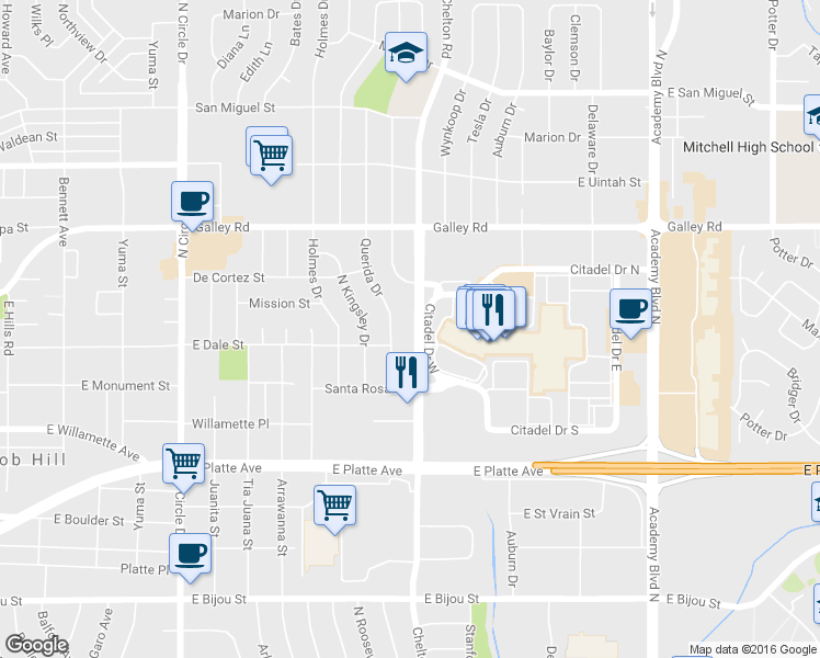 map of restaurants, bars, coffee shops, grocery stores, and more near 809 Querida Drive in Colorado Springs