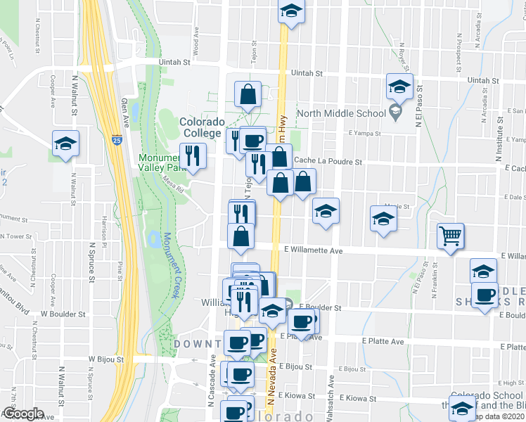 map of restaurants, bars, coffee shops, grocery stores, and more near 130 East Monument Street in Colorado Springs