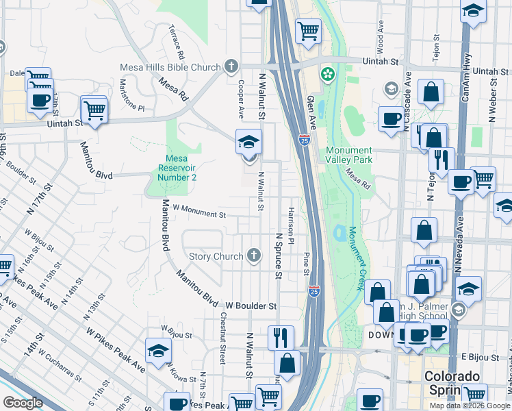 map of restaurants, bars, coffee shops, grocery stores, and more near 741 North Walnut Street in Colorado Springs