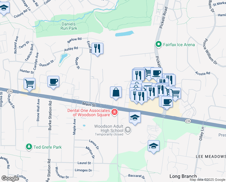 map of restaurants, bars, coffee shops, grocery stores, and more near 3947 Wilcoxson Drive in Fairfax