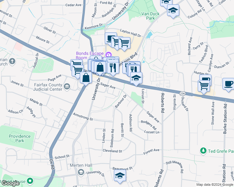map of restaurants, bars, coffee shops, grocery stores, and more near 4110 Vanderbilt Court in Fairfax