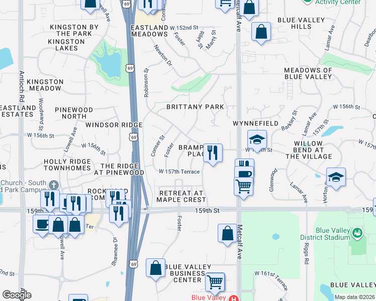 map of restaurants, bars, coffee shops, grocery stores, and more near 15622 Riley Street in Overland Park