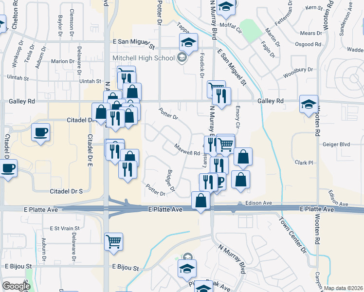 map of restaurants, bars, coffee shops, grocery stores, and more near 4130 Fitzpatrick Dr in Colorado Springs