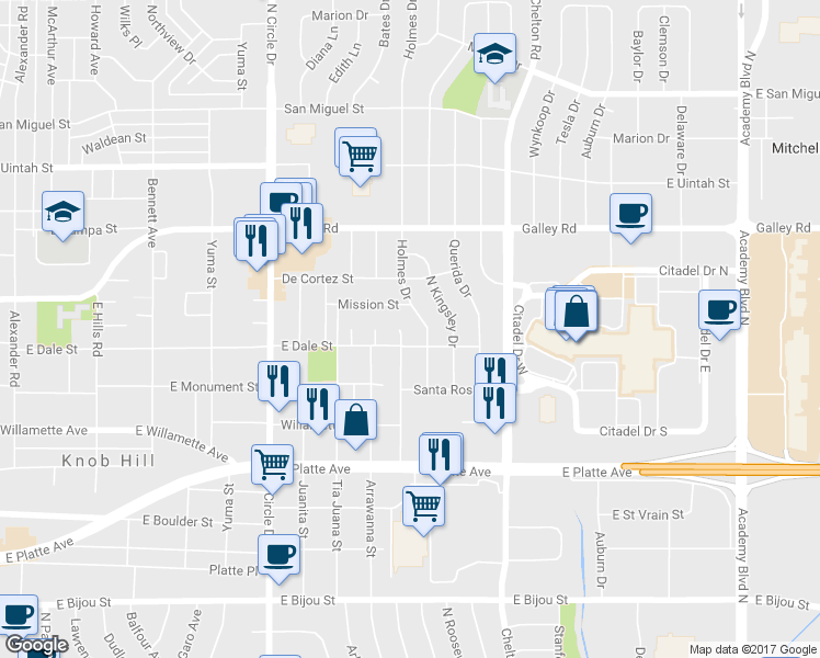 map of restaurants, bars, coffee shops, grocery stores, and more near 809 Don Juan Ct in Colorado Springs