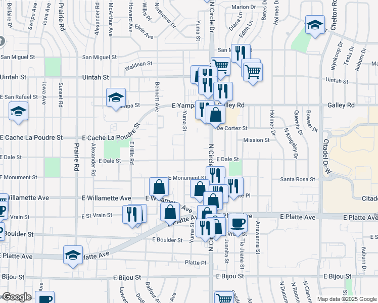 map of restaurants, bars, coffee shops, grocery stores, and more near 809 Yuma Street in Colorado Springs