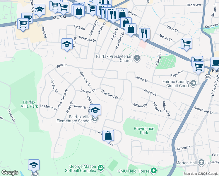 map of restaurants, bars, coffee shops, grocery stores, and more near 10827 Charles Drive in Fairfax