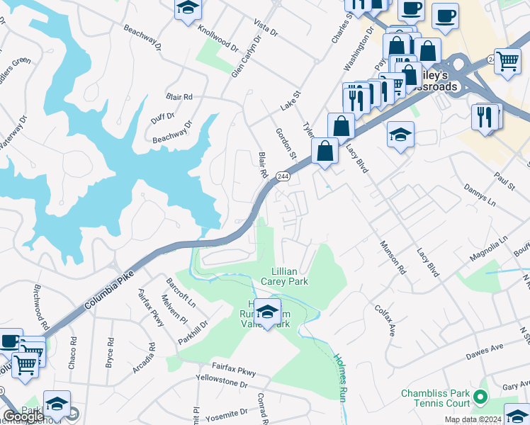 map of restaurants, bars, coffee shops, grocery stores, and more near 3692 Ambrose Hills Road in Falls Church
