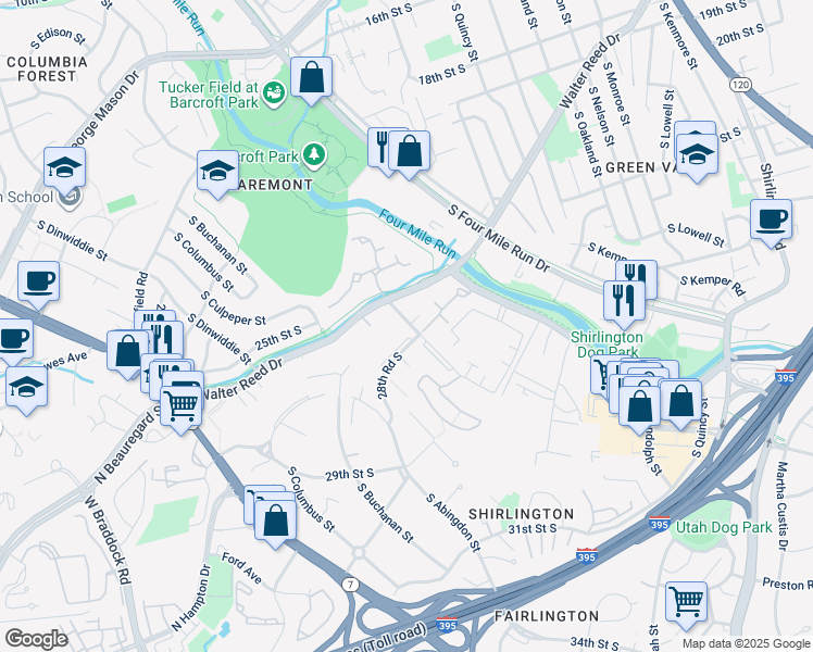 map of restaurants, bars, coffee shops, grocery stores, and more near 2812D South Wakefield Street in Arlington