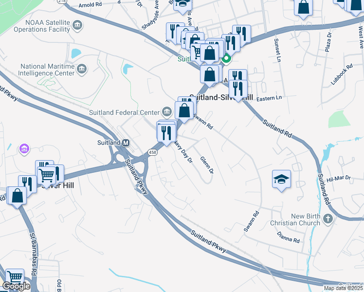map of restaurants, bars, coffee shops, grocery stores, and more near 3312 Navy Day Drive in Suitland-Silver Hill