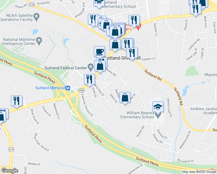map of restaurants, bars, coffee shops, grocery stores, and more near 4603 Navy Day Place in Suitland-Silver Hill