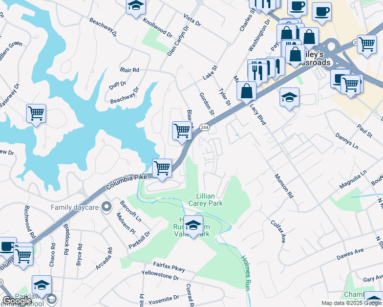 map of restaurants, bars, coffee shops, grocery stores, and more near 3692 Ambrose Hills Road in Falls Church