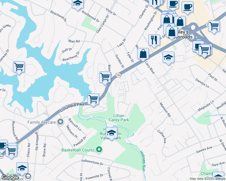 map of restaurants, bars, coffee shops, grocery stores, and more near 3691 Ambrose Hills Road in Falls Church