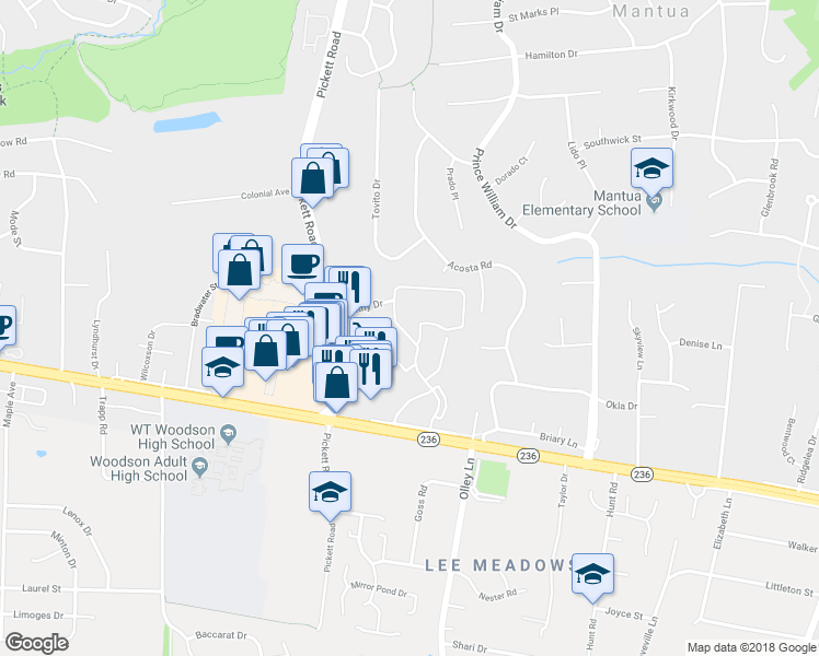 map of restaurants, bars, coffee shops, grocery stores, and more near 3680 Persimmon Circle in Fairfax