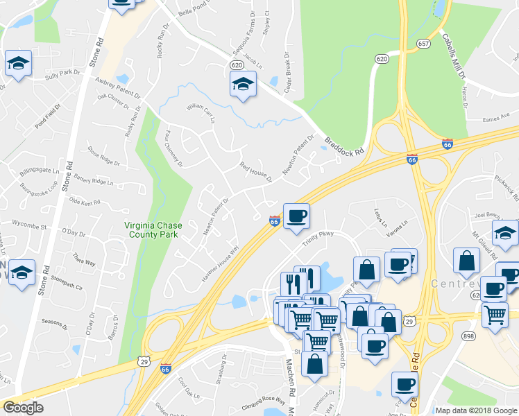map of restaurants, bars, coffee shops, grocery stores, and more near 14324 Little Rocky Mountain Court in Centreville