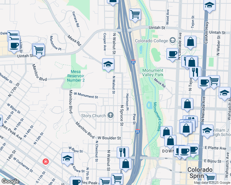 map of restaurants, bars, coffee shops, grocery stores, and more near 741 North Walnut Street in Colorado Springs