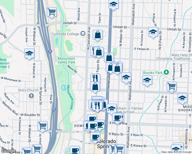 map of restaurants, bars, coffee shops, grocery stores, and more near 704 North Tejon Street in Colorado Springs