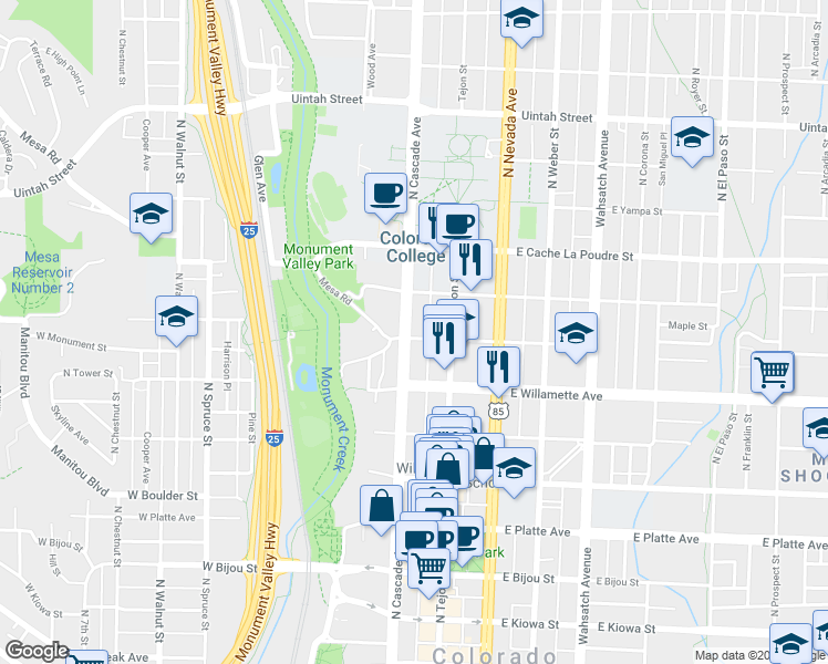 map of restaurants, bars, coffee shops, grocery stores, and more near 703 North Cascade Avenue in Colorado Springs