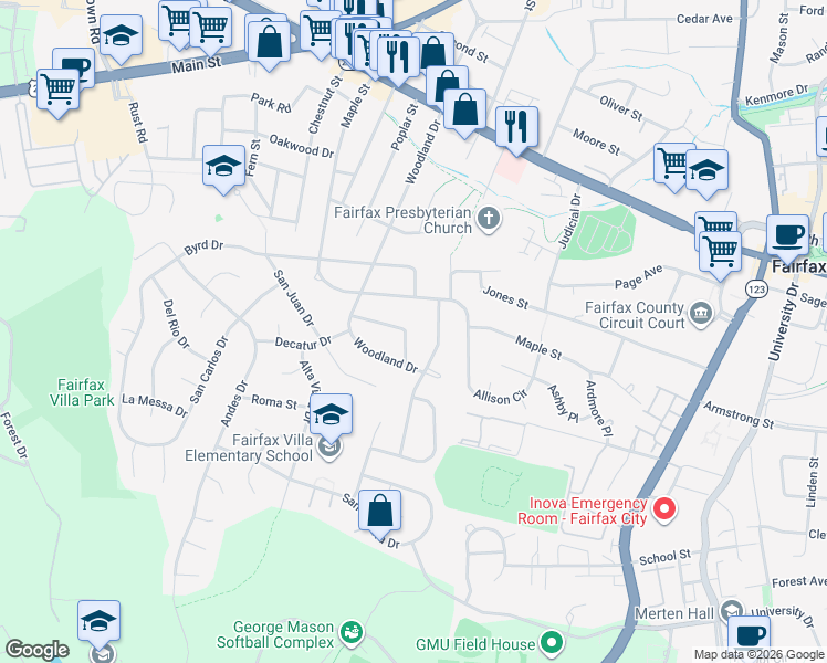 map of restaurants, bars, coffee shops, grocery stores, and more near 10818 Charles Drive in Fairfax