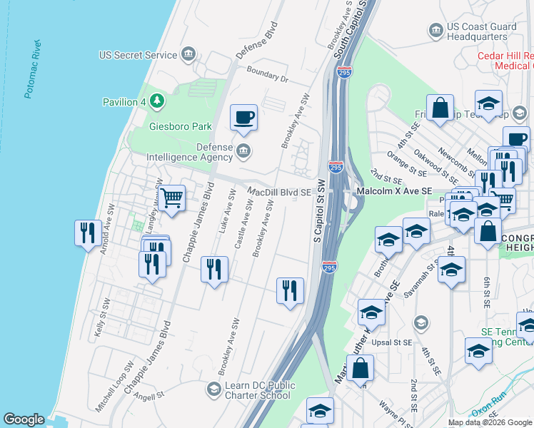 map of restaurants, bars, coffee shops, grocery stores, and more near 101 Independence Avenue Southeast in Washington