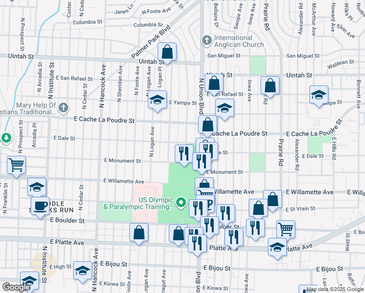 map of restaurants, bars, coffee shops, grocery stores, and more near 728 North Meade Avenue in Colorado Springs