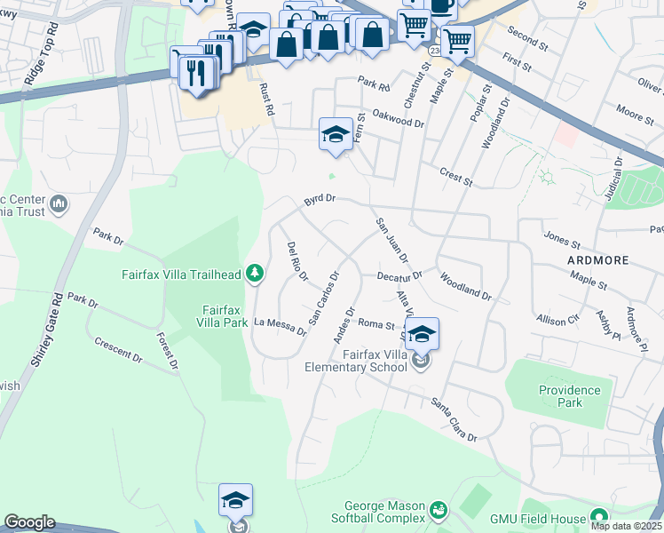 map of restaurants, bars, coffee shops, grocery stores, and more near 4304 San Carlos Drive in Fairfax