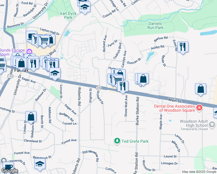 map of restaurants, bars, coffee shops, grocery stores, and more near 3931 Tedrich Boulevard in Fairfax