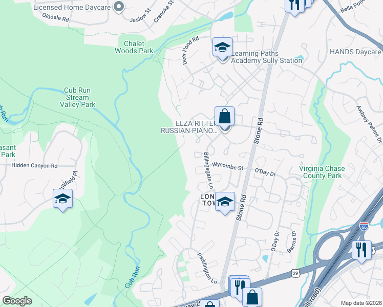 map of restaurants, bars, coffee shops, grocery stores, and more near 6006 Westbourne Place in Centreville