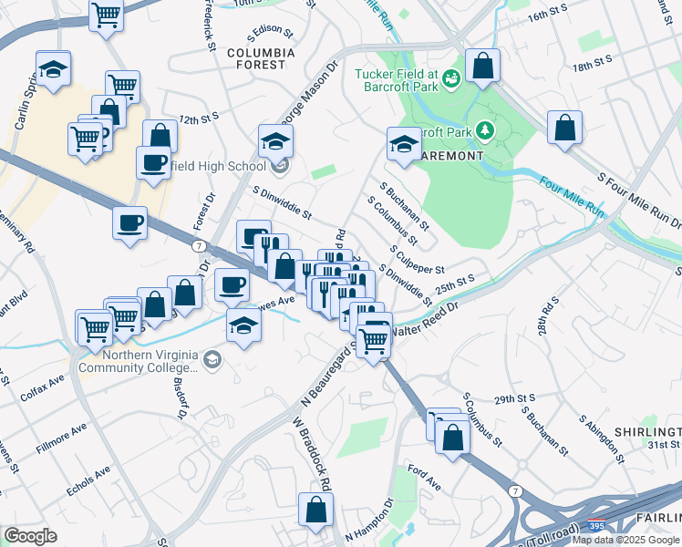 map of restaurants, bars, coffee shops, grocery stores, and more near 5034 South Chesterfield Road in Arlington
