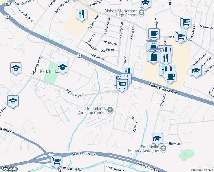 map of restaurants, bars, coffee shops, grocery stores, and more near 3245 Walters Lane in District Heights