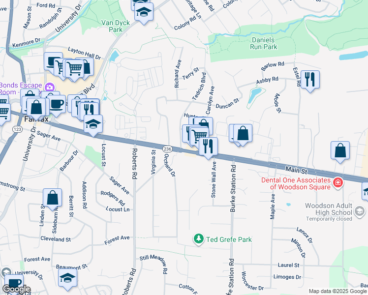 map of restaurants, bars, coffee shops, grocery stores, and more near 3931 Tedrich Boulevard in Fairfax