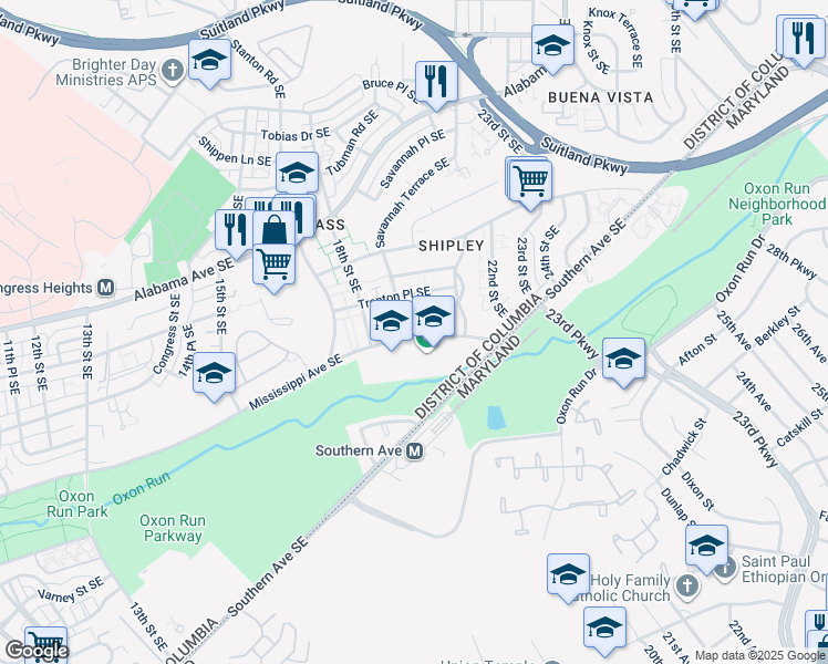 map of restaurants, bars, coffee shops, grocery stores, and more near 1900 Mississippi Avenue Southeast in Washington