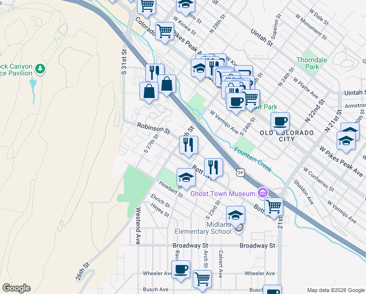 map of restaurants, bars, coffee shops, grocery stores, and more near 2525 Robinson Street in Colorado Springs