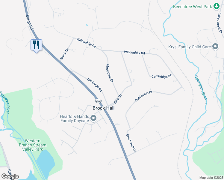 map of restaurants, bars, coffee shops, grocery stores, and more near 3211 Merrydale Drive in Upper Marlboro
