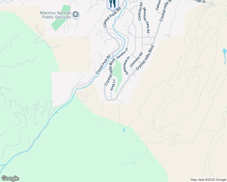 map of restaurants, bars, coffee shops, grocery stores, and more near 6 Kreg Lane in Manitou Springs