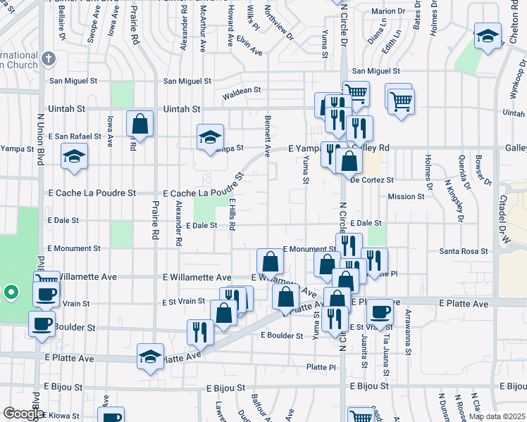 map of restaurants, bars, coffee shops, grocery stores, and more near 812 Bennett Avenue in Colorado Springs