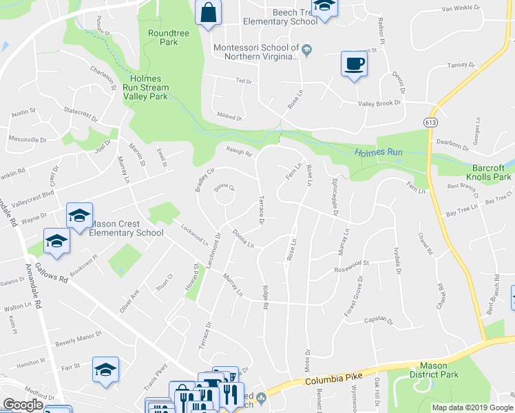 map of restaurants, bars, coffee shops, grocery stores, and more near 3618 Terrace Drive in Annandale