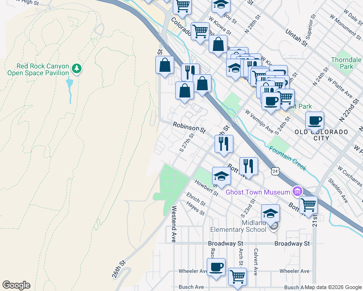 map of restaurants, bars, coffee shops, grocery stores, and more near 706 South 27th Street in Colorado Springs