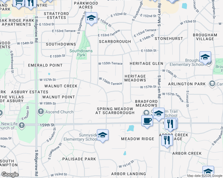 map of restaurants, bars, coffee shops, grocery stores, and more near 17272 W 157th St in Olathe